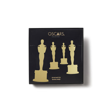 front view of the box of the gold Oscar statuette garland